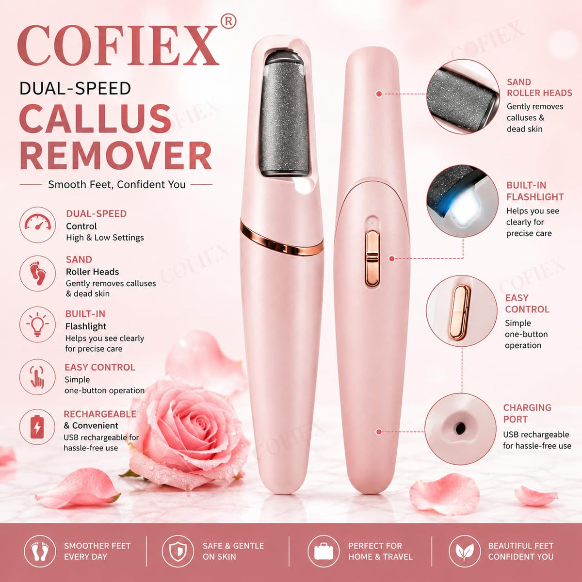 Rechargeable pink electric foot callus remover