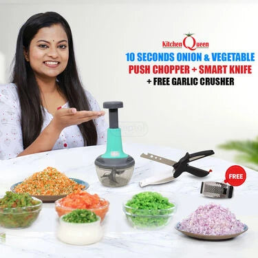 10 sec Onion & Veg Push Chopper + Garlic Crusher + Smart Knife