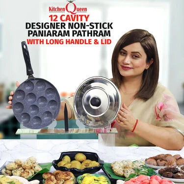 12 Cavity Designer Nonstick Paniaram Pathram with Long Handle & Lid