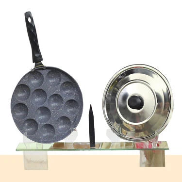 12 Cavity Designer Nonstick Paniaram Pathram with Long Handle & Lid