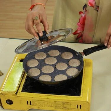 12 Cavity Designer Nonstick Paniaram Pathram with Long Handle & Lid