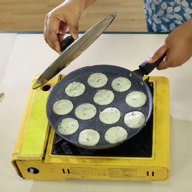 12 Cavity Designer Nonstick Paniaram Pathram with Long Handle & Lid