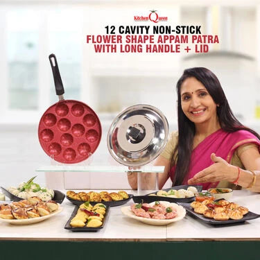 12 Cavity Nonstick Flower Shape Appam Patra with Long Handle