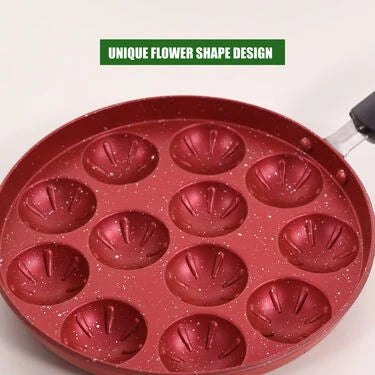 12 Cavity Nonstick Flower Shape Appam Patra with Long Handle