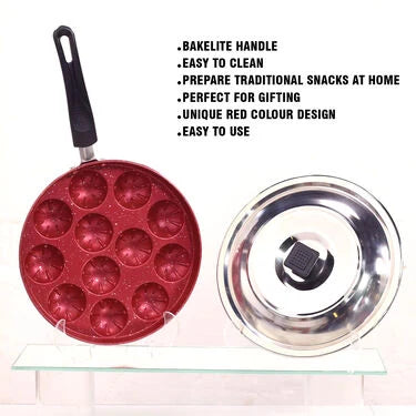 12 Cavity Nonstick Flower Shape Appam Patra with Long Handle