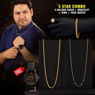 2 Golden Chain + Bracelet + Ring + Free Watch