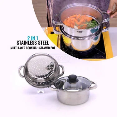 2 in 1 Stainless Steel Multi layer Cooking + Steamer Pot