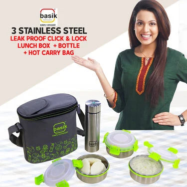 3 Stainless Steel Leak Proof Click & Lock Lunch Box + Bottle + Hot Carry Bag (SCLLBWB)