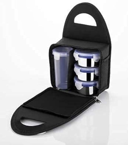 3 Stainless Steel Leak Proof Click & Lock Lunch Box + Bottle + Hot Carry Bag (SCLLBWB)