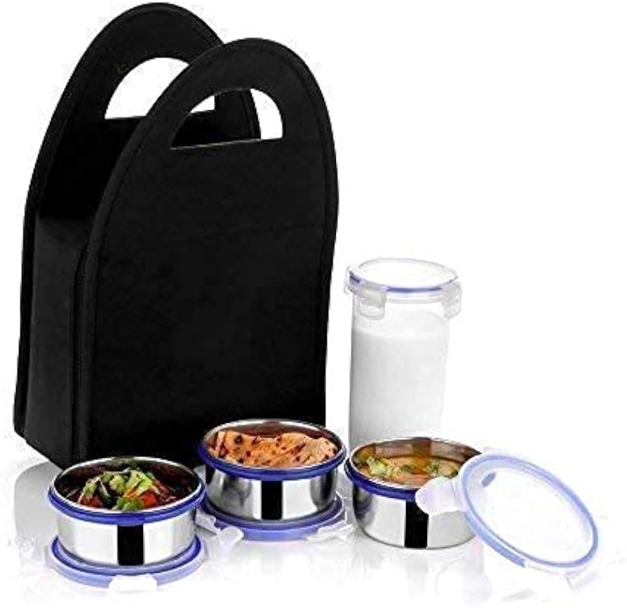 3 Stainless Steel Leak Proof Click & Lock Lunch Box + Bottle + Hot Carry Bag (SCLLBWB)