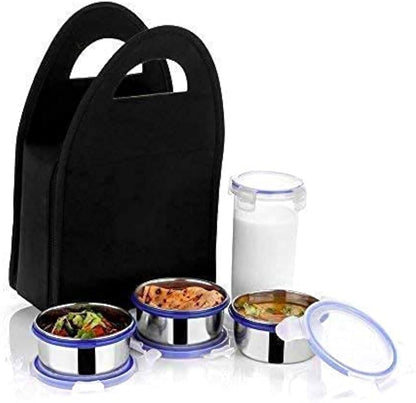 3 Stainless Steel Leak Proof Click & Lock Lunch Box + Bottle + Hot Carry Bag (SCLLBWB)