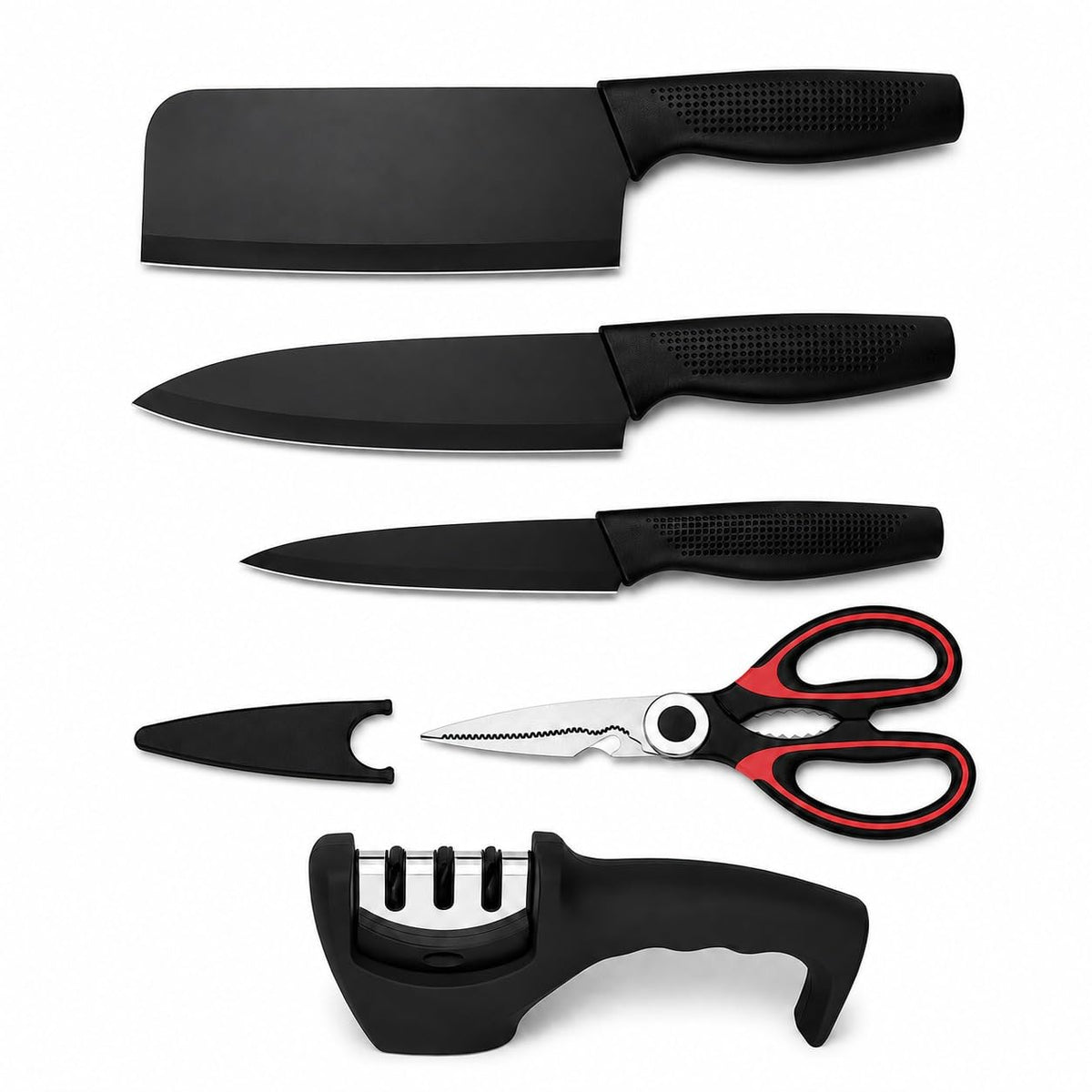 five stainless steel kitchen utility knives