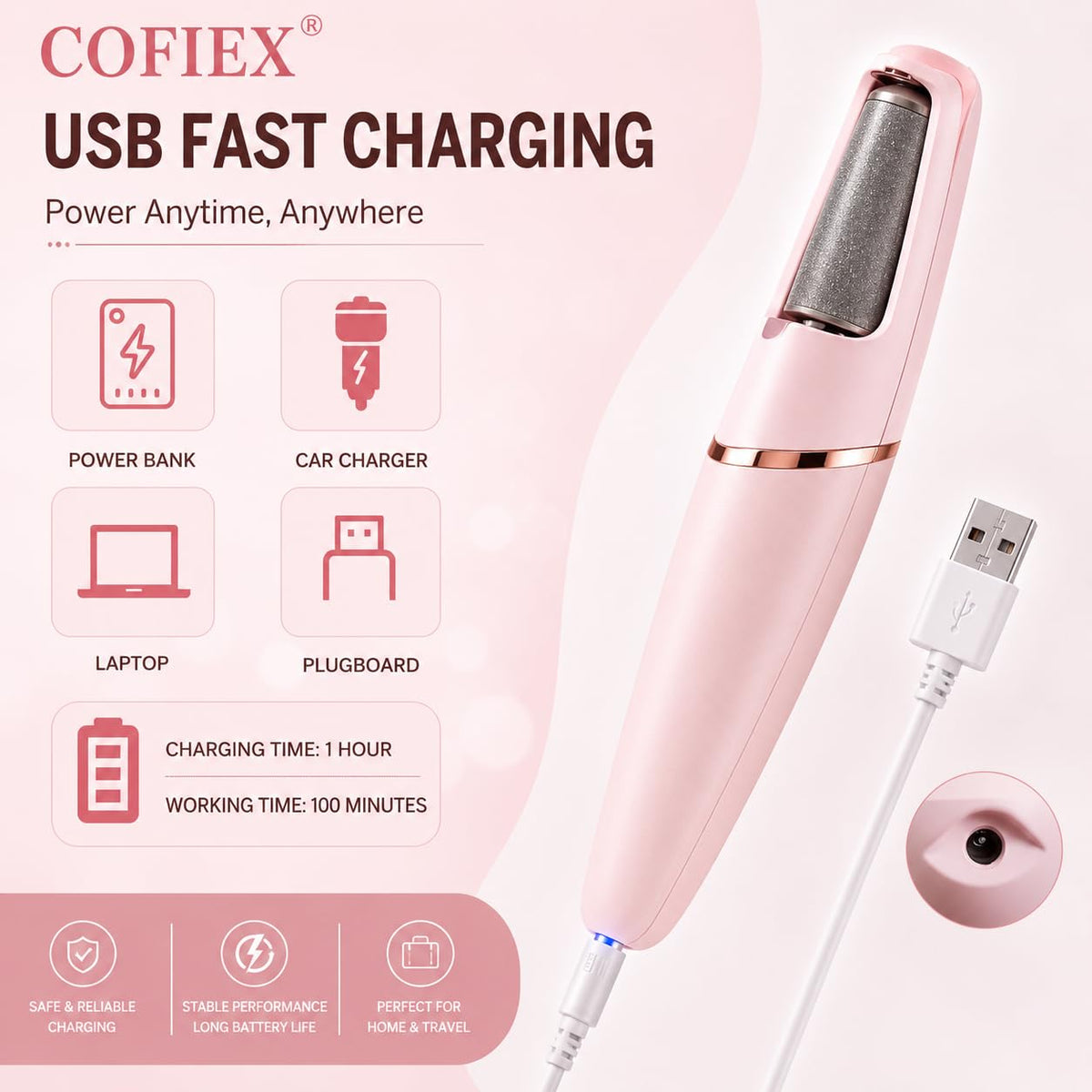 Rechargeable pink electric foot callus remover