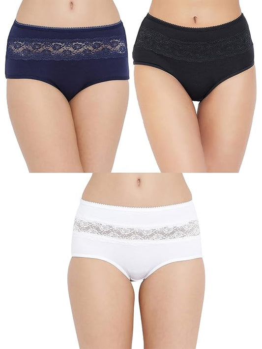 Pack of 3 High-Waist Hipster Panties with Lace - Cotton