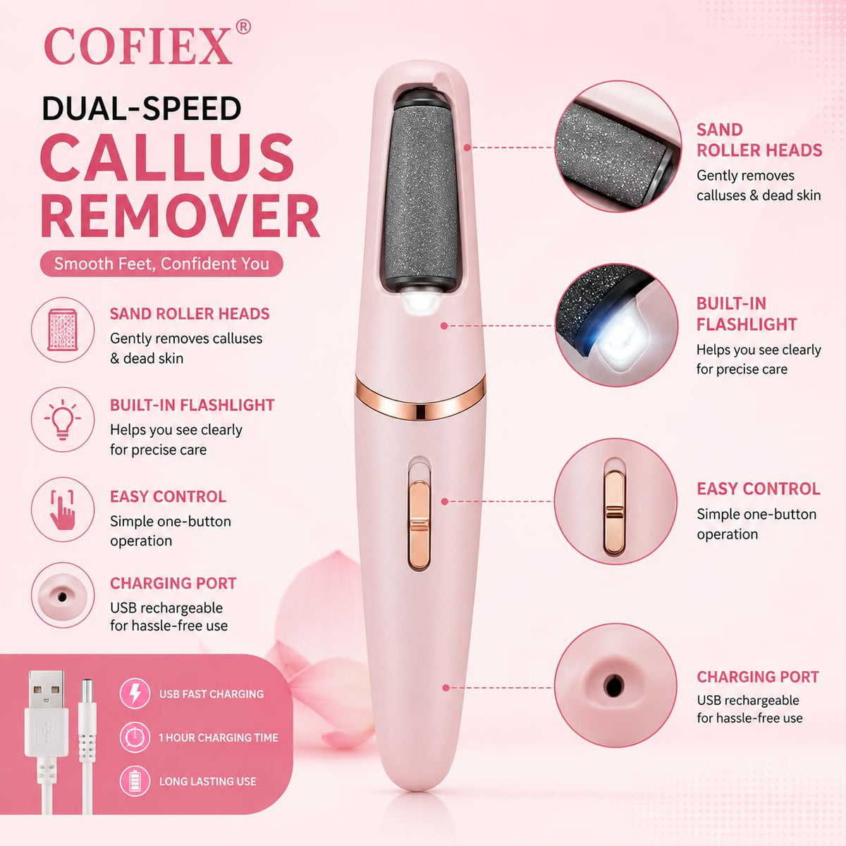 Rechargeable pink electric foot callus remover