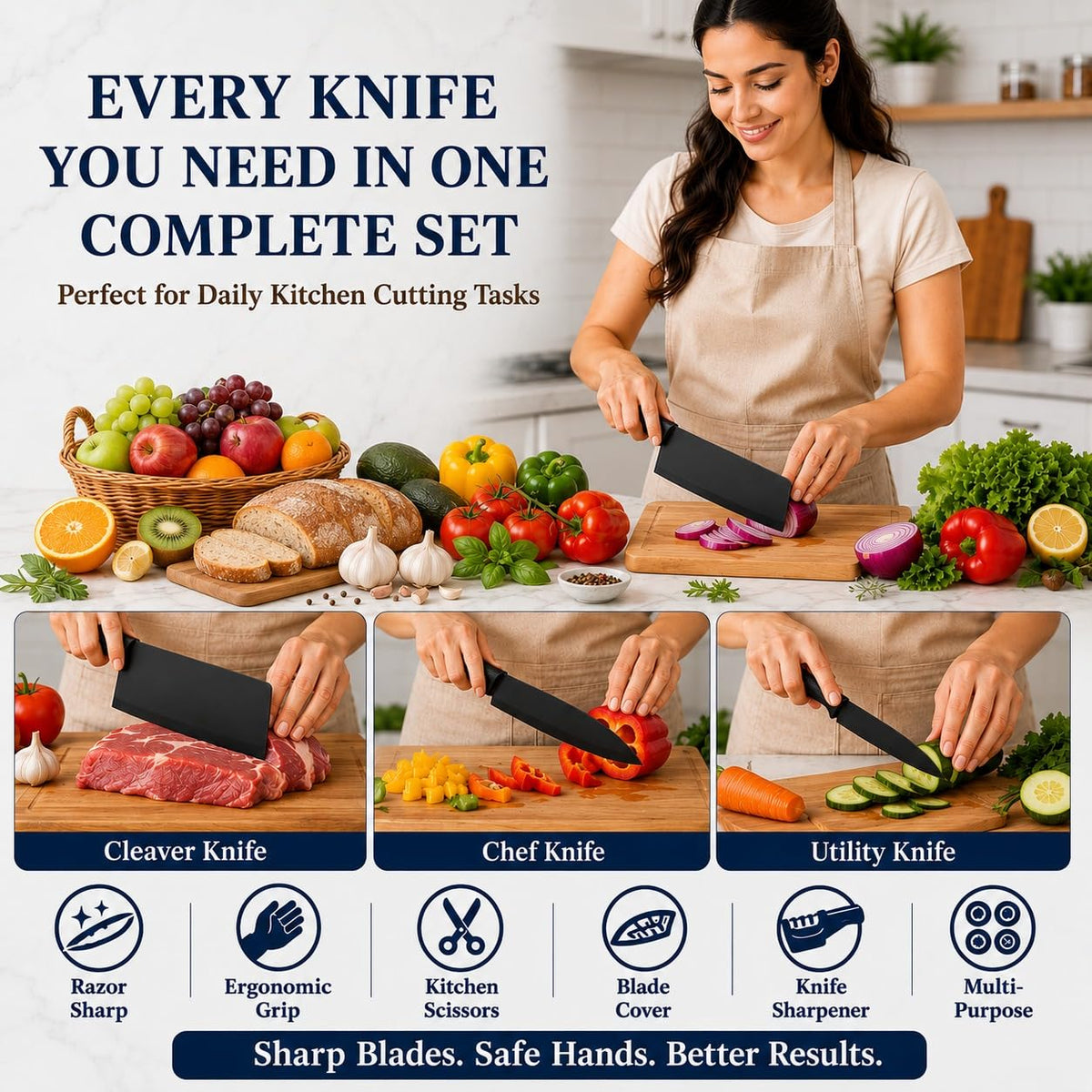 five stainless steel kitchen utility knives