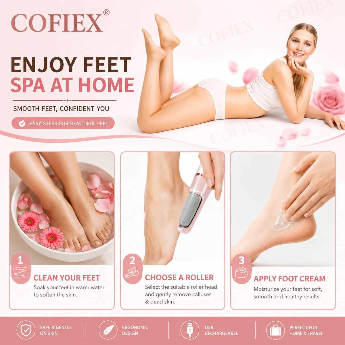 Rechargeable pink electric foot callus remover