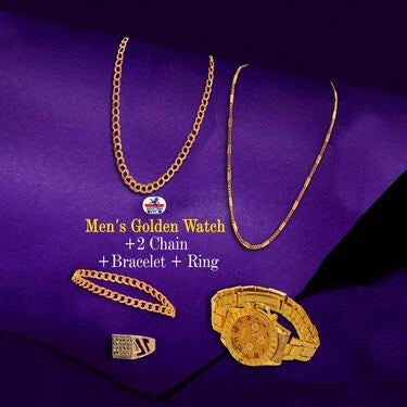 Mens Golden Watch + 2 Chain + Bracelet + Ring (MGW2CBR14)