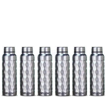 Pack of 6 Stainless Steel Diamond Cut Water Bottles (1 ltr each) (6B8)