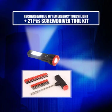 Rechargeable 6 in 1 Emergency Torch Light + 21 pcs Screwdriver Tool Kit (L39)