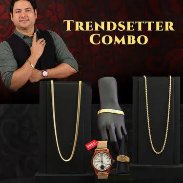 2 Golden Chain + Bracelet + Ring + Free Watch