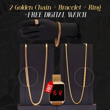 2 Golden Chain + Bracelet + Ring + Digital Watch