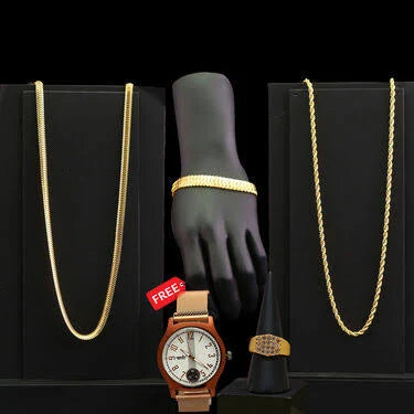 2 Golden Chain + Bracelet + Ring + Free Watch